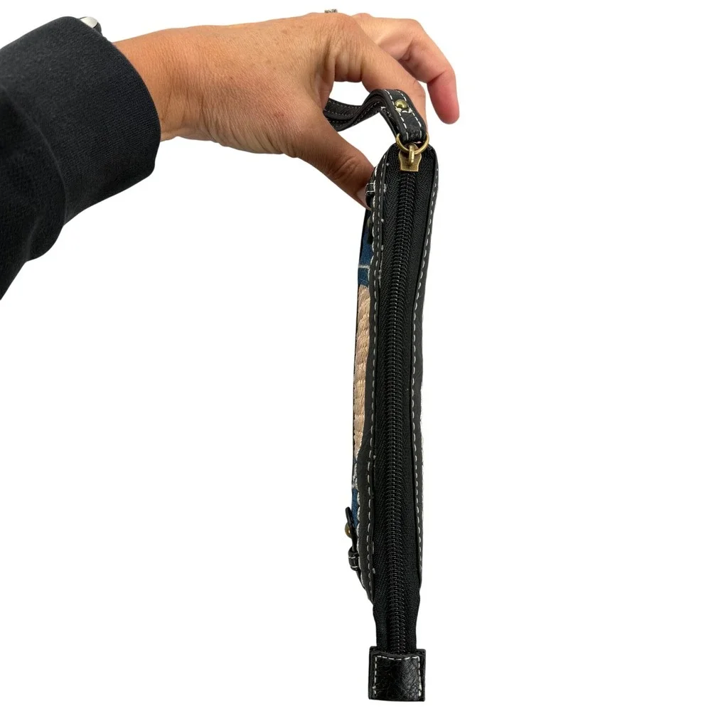 b.o.c. Born Concept Wristlet Clutch Denim Straw Black Faux Leather Wallet